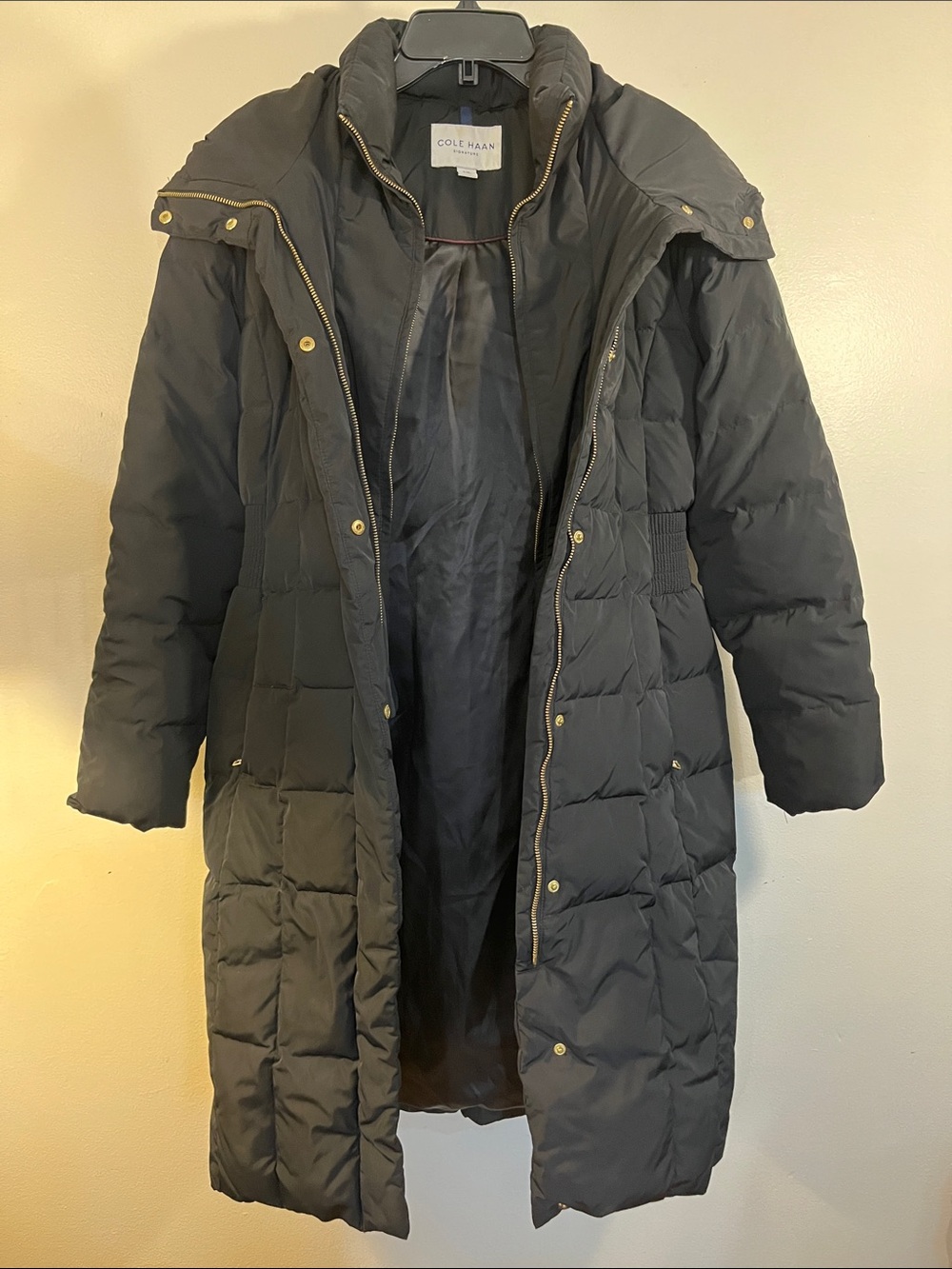 Cole Haan Black Quilted Long Puffer Coat with Gold Trim
